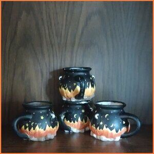 Four Painted Ceramic Campfire Cauldron Mugs